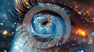 Blue eye future vision banner Human eye technology futuristic background wide Generative AI