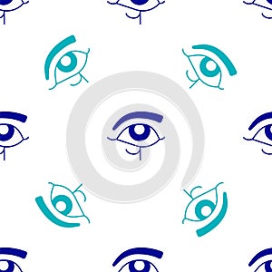 Blue Eye of Horus icon isolated seamless pattern on white background. Ancient Egyptian goddess Wedjet symbol of