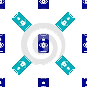 Blue Eye scan icon isolated seamless pattern on white background. Scanning eye. Security check symbol. Cyber eye sign