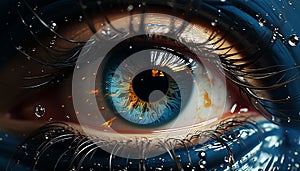 Blue eye staring, close up portrait, reflecting beauty and futuristic design generated by AI
