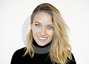Blue Eye Woman Cheerful Smiling Studio Portrait Concept
