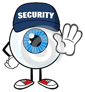 Blue Eyeball Cartoon Mascot Character Security Guard Gesturing A Stop