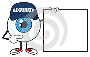 Blue Eyeball Cartoon Mascot Character Security Guard Pointing A Blank Sign Banner photo