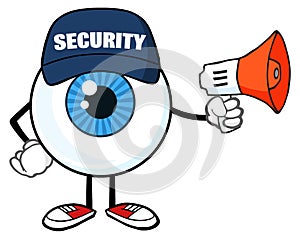 Blue Eyeball Cartoon Mascot Character Security Guard Using A Megaphone photo