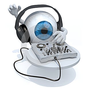 Blue Eyeball with dj headset in front of consolle