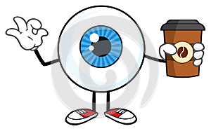 Blue Eyeball Guy Cartoon Mascot Character Holding A Take Out Cup And Gesturing Ok photo