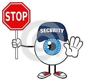 Blue Eyeball Guy Cartoon Mascot Character Security Guard Gesturing And Holding A Stop Sign