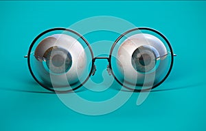 Blue eyeball and round glasses