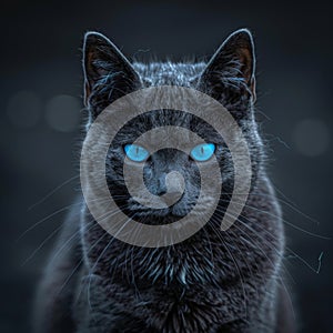 Blue eyed black cat portrait on dark background, sony a1, 85mm f8, high detail shot photo