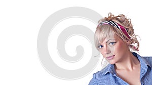 blue-eyed blonde in a blue shirt looks at the camera. Isolated on a white background. Banner. Space for text