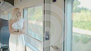 Blue-eyed blonde standing by the window of the train