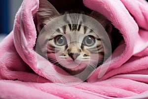 Blue eyed tabby kitten wrapped in a pink towel after bath