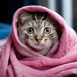 Blue eyed tabby kitten wrapped in a pink towel after bath