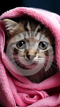 Blue eyed tabby kitten wrapped in a pink towel after bath