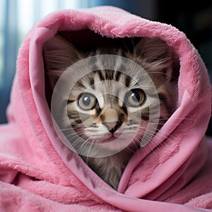 Blue eyed tabby kitten wrapped in a pink towel after bath