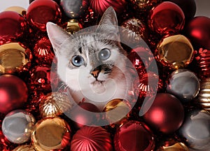 Blue-eyed white cat among Christmas balls