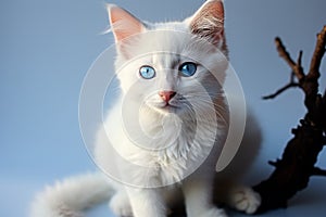 Blue-eyed white kitten, an adorable feline with captivating innocence.