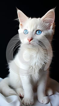 Blue-eyed white kitten, an adorable feline with captivating innocence.