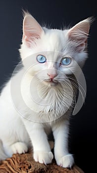 Blue-eyed white kitten, an adorable feline with captivating innocence.