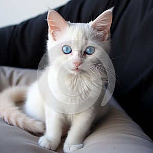 Blue-eyed white kitten, an adorable feline with captivating innocence.