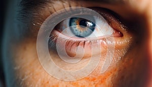 Blue eyed woman staring at camera, close up portrait generated by AI