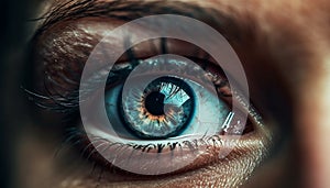 Blue eyed woman staring at camera with selective focus close up generated by AI