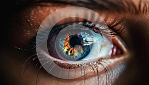 Blue eyed women staring at camera, macro view of human eye generated by AI