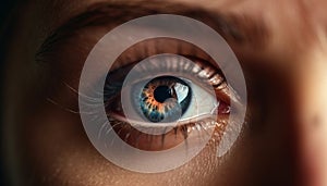 Blue eyed women staring, selective focus on human eye reflection generated by AI