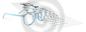 Blue eyeglasses on visual test chart isolated on white. Eyesight