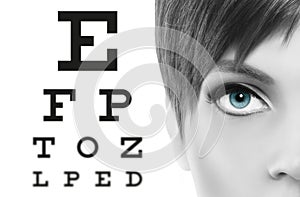 blue eyes close up on visual test chart, eyesight and eye examination concept in white background