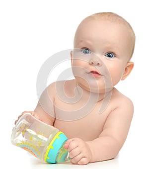 Blue eyes infant child baby toddler lying with drinking water