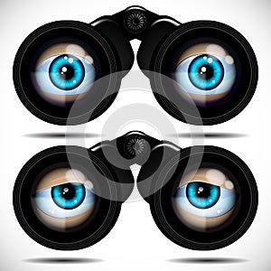 Blue eyes looking through binoculars. Different emotions.