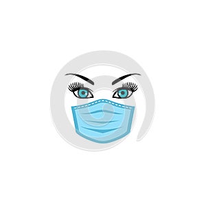 Blue eyes nurse face with eyebrows and eyelashes in air pollution face mask isolated on white background, woman wearing medical vi