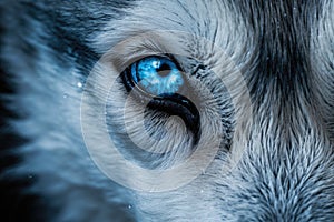 blue eyes of siberian husky close up, toned, close up of super bright blue wolf eyes extreme detail, AI Generated