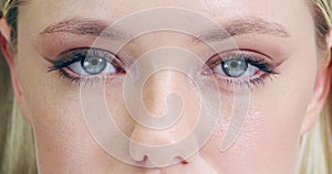 Blue, eyes and vision, beauty with woman and face, contact lenses and eye care with cosmetics closeup. Makeup