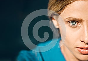 Blue eyes, woman or face with vision, innovation idea or planning in security, humanity or safety. Zoom portrait, model