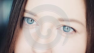 Blue eyes of a young woman, natural look and healthy eyesight, closeup face and eyebrows makeup, beauty and wellness