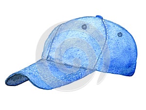 Blue fabricated baseball hat with white snitching in watercolor photo