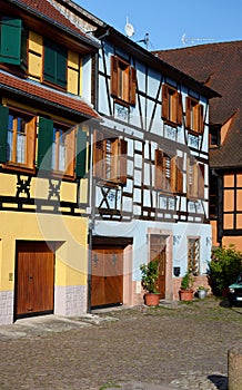 Blue fachwerkhaus, or timber framing house, in Alsace, France