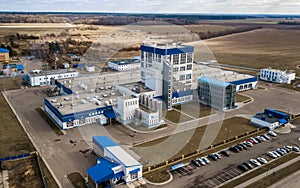 Blue factory top view. Factory aerial survey