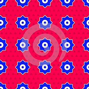 Blue Falling star icon isolated seamless pattern on red background. Meteoroid, meteorite, comet, asteroid, star icon