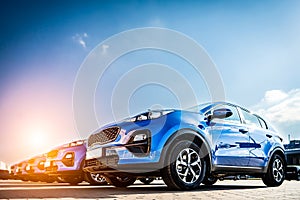 Blue Family business spotrs hatchback Car on sunset. Business success concept
