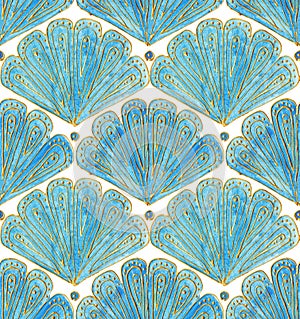 Blue fan-shaped pattern with gold lines and dots. Oriental design. Seashell is a simple motive