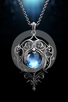 Blue fantasy necklace pendant - silver chain - black background - blue glow - blue opal