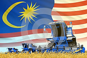 Blue farm agricultural combine harvester on field with Malaysia flag background, food industry concept - industrial 3D