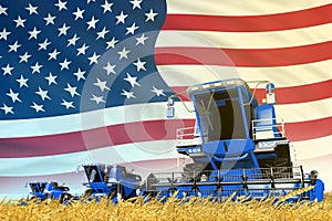 Blue farm agricultural combine harvester on field with USA flag background, food industry concept - industrial 3D illustration