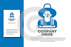 Blue Farmer in the hat icon isolated on white background. Logo design template element. Vector