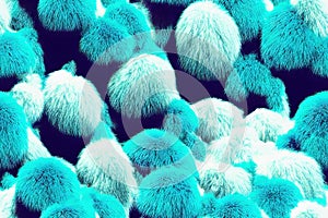 Blue faux fur rug texture turquoise shaggy wool background. Fluffy sheepskin seamless pattern, macro curly hairy textile