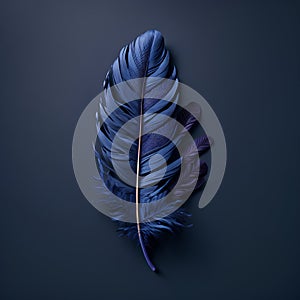 Blue feather on a dark background. 3d rendering, top view