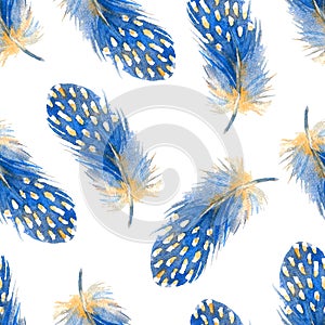 Blue feather with white spots  of Helmeted Guinea fowl. Watercolor seamless pattern. Hand-drawn art. Artistic illustration.